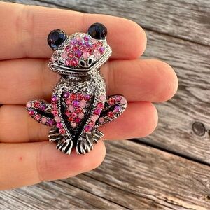 Sparkling Frog Brooch with Pink and Black Crystals
